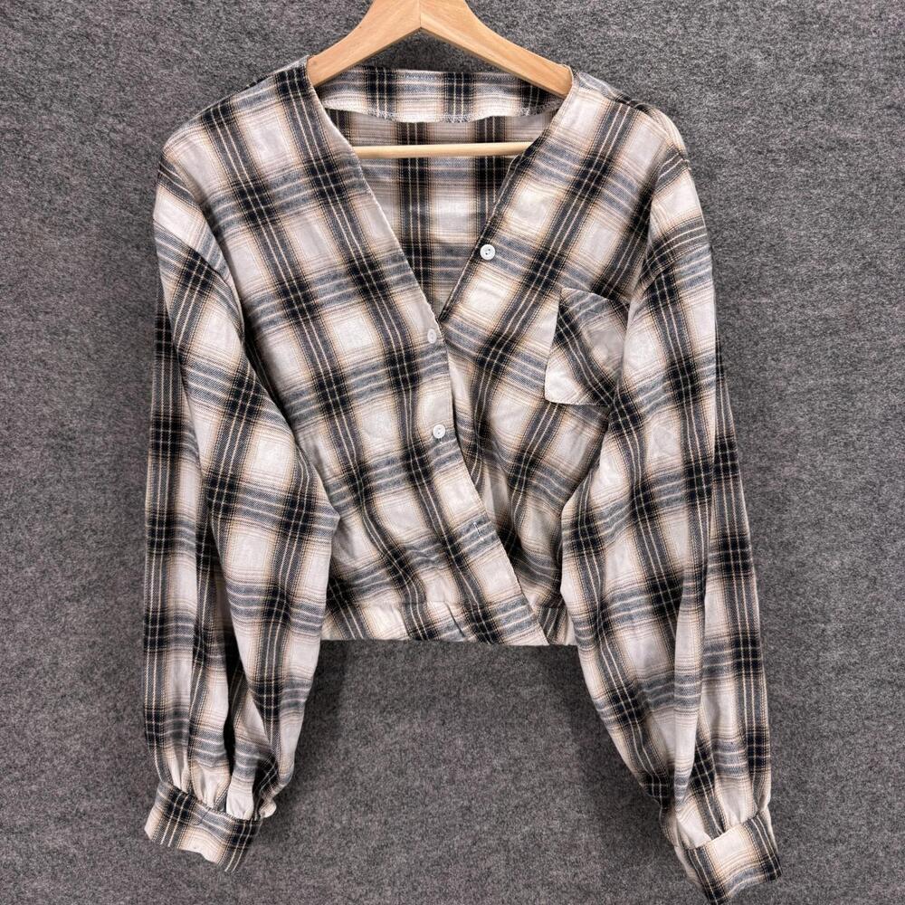 SheIn Blouse Women L Large White Plaid V-Neck Long Sleeve Button Pockets Casual